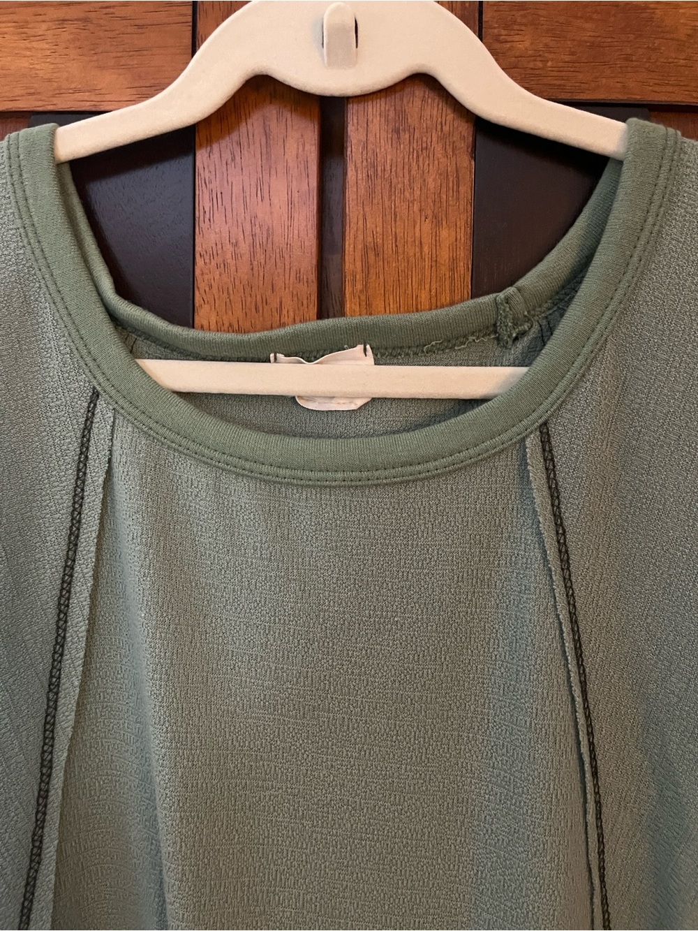🦀BiBi Sage Green Pullover Top w/Decorative Black Stitching & Front Notched Hem - Picture 3 of 8